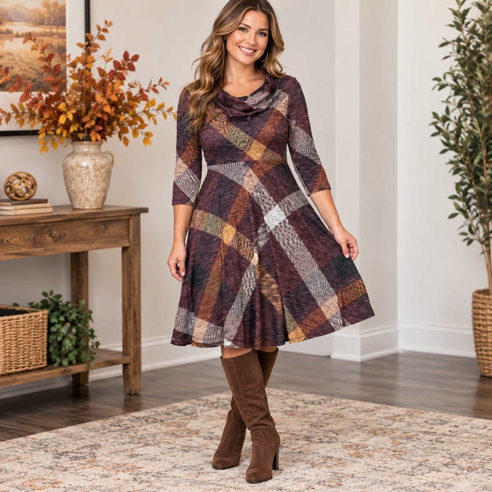 Julian Taylor Plaid Cowl Neck Dress Women's 8 Medium Autumn Preppy Teacher Chic